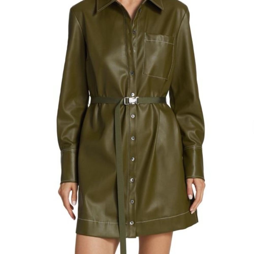 STAUD Lynn Belted Faux Leather Shirtdress  Sz SMALL